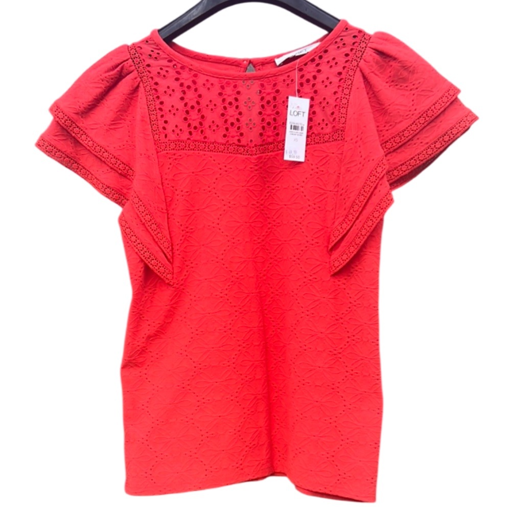 NWT LOFT Eyelet Flutter Sleeve Top Red Size XS Feminine - Picture 2 of 14